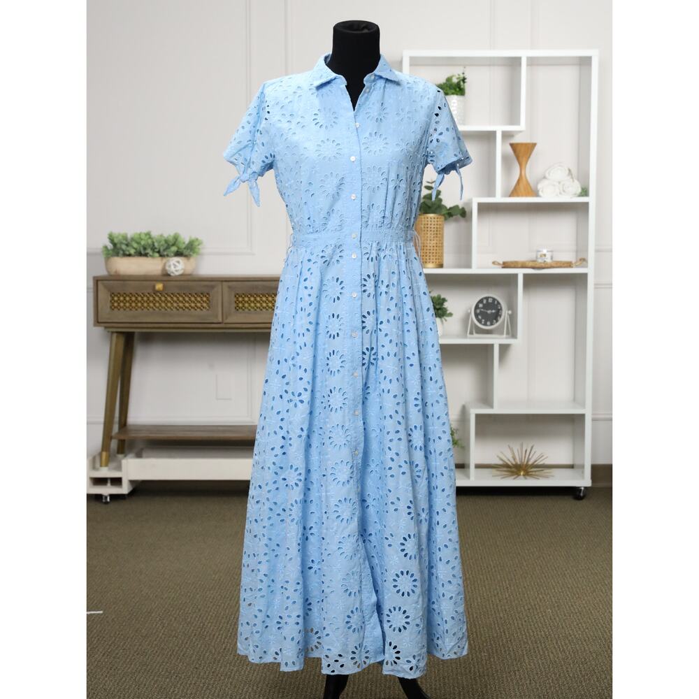 J.Crew Re-Imagined Blue Eyelet Midi Maxi Dress Button Front Cottagecore Coastal - Picture 3 of 16